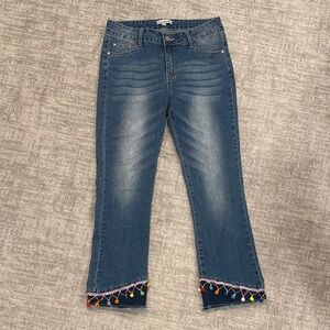 Chic Blue Cropped Jeans with Multicolor Hem